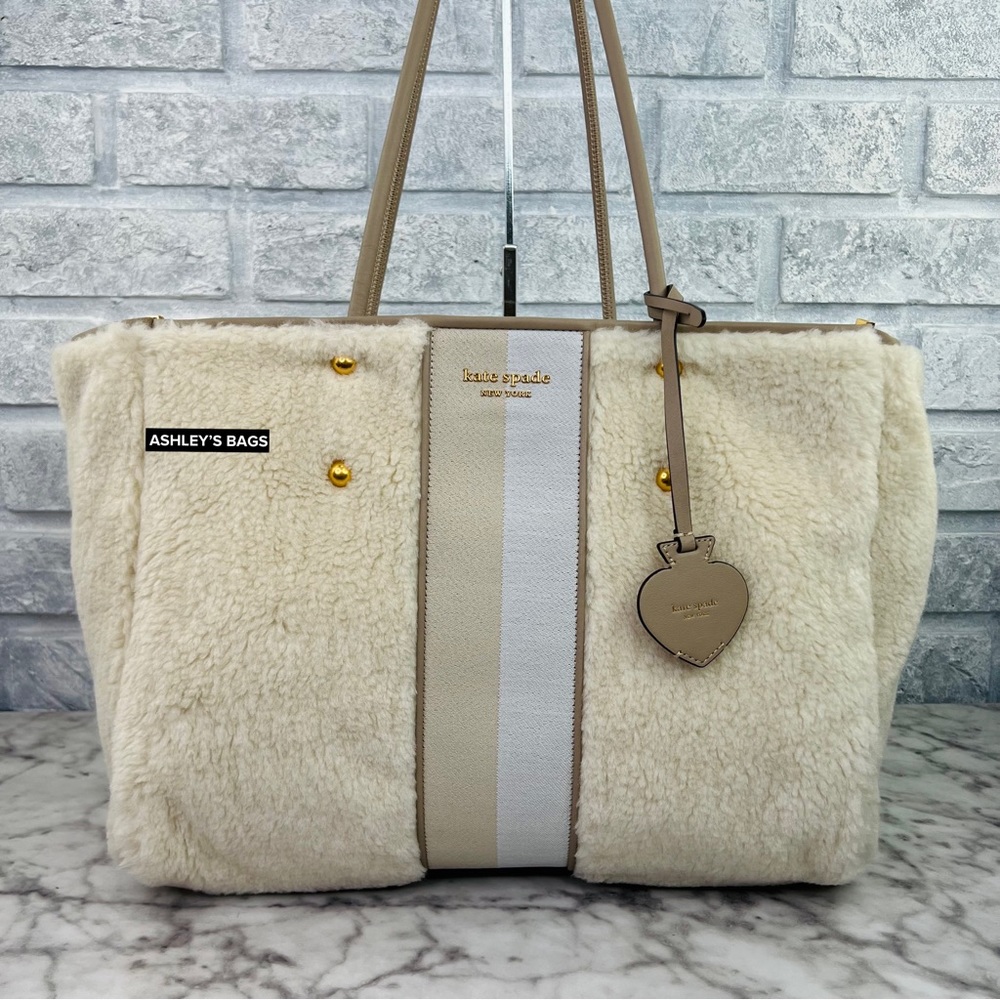 Kate Spade Everything Racing Stripe Faux Shearling Large Tote In Cream Multi - Picture 3 of 16